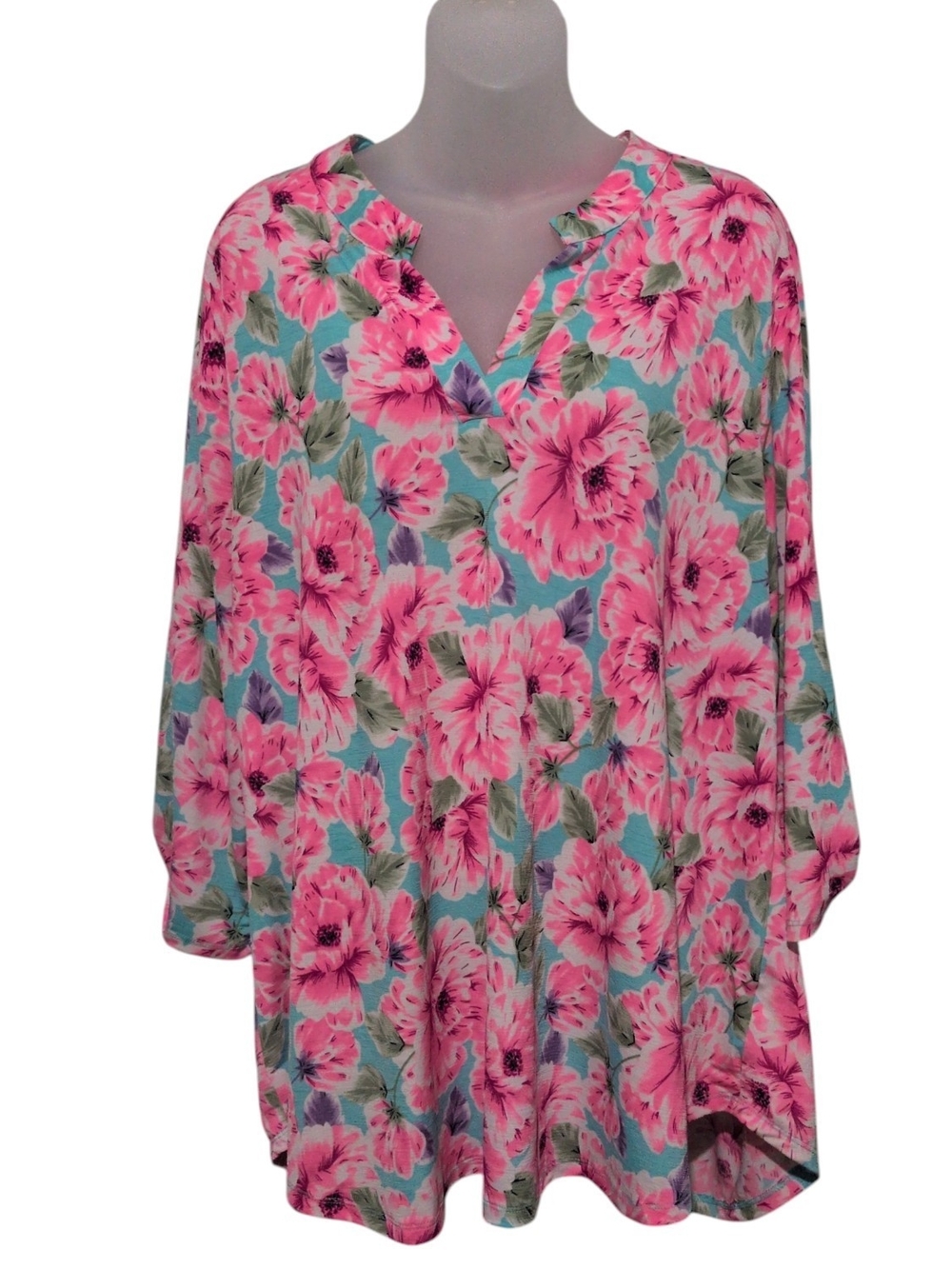 Dear Scarlett Lizzy Floral Tunic Top Mint Turquoise Pink Rose 3/4 Sleeve V-neck